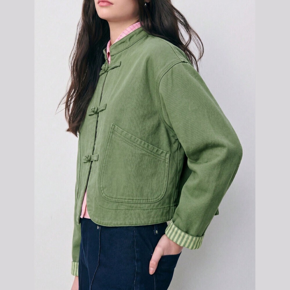Mint Green Rounded Denim Jacket with Frog Button Toggle Closures - Picture 4 of 7